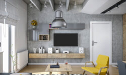Industrial Design Living Room Render , With Modern Furniture And Yellow Details
