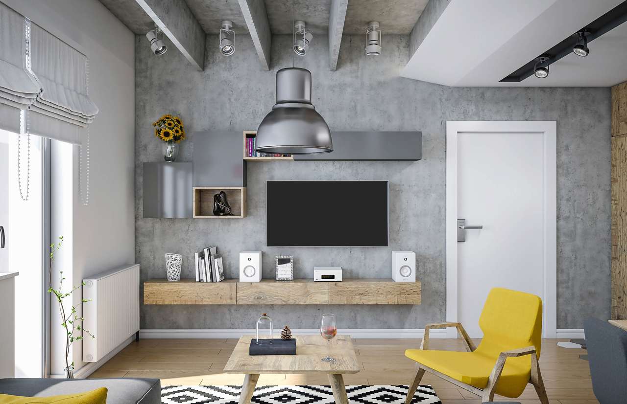 Industrial Design Living Room Render , With Modern Furniture And Yellow Details