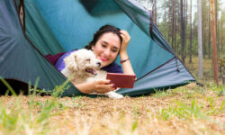 ragazza e cane in tenda in campeggio