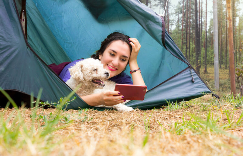 ragazza e cane in tenda in campeggio